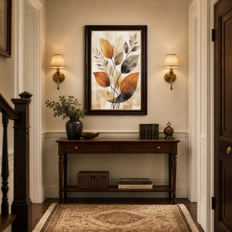 Tableau mural en toile beige texturée représentant des feuilles stylisées orange et grises, H 18 po x l 12 po
