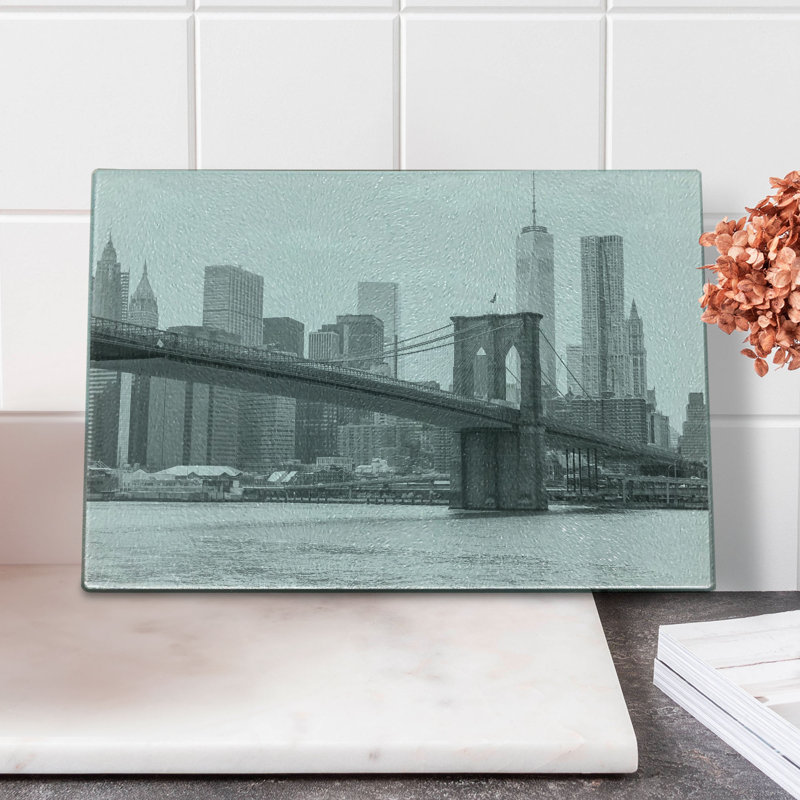Planche à découper en verre trempé Ambesonne New York Brooklyn Bridge États-Unis gris blanc