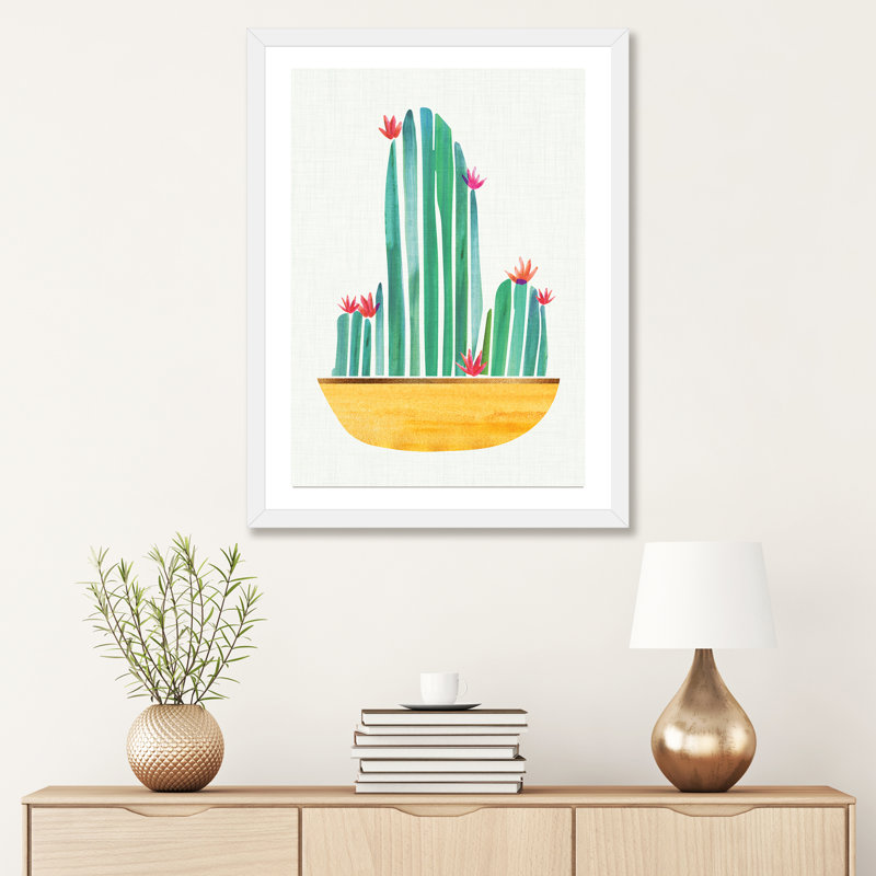 «Tiny Cactus Blossoms II» par Modern Tropical - reproduction d'art, Blanc, H 32 po x l 24 po x P 1 po, Papier encadré blanc