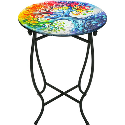Table de bout ronde en métal de 14 pouces pour les petits espaces, table d'appoint résistante aux intempéries et résistante à la rouille pour le patio, le balcon, la cour, le porche, le jardin et le salon, table d'appoint intérieure et extérieure imperméable avec assemblage facile (arbre)