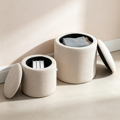 Tabourets ottomans de rangement en velours côtelé (lot de 2), 40 cm de diamètre x 41 cm de hauteur, pouf rond, blanc crème, design emboîtable avec couvercle en bois amovible et rangement dissimulé