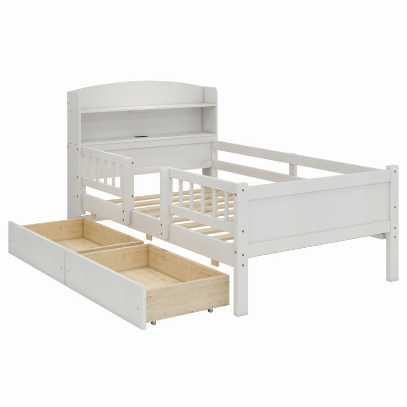 Lit plateforme moderne en bois avec éclairage à DEL intégré, garde-corps et tiroirs de rangement, White