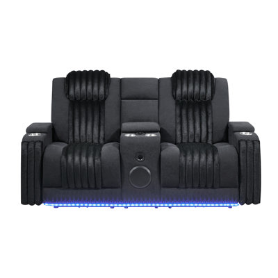 Fauteuil inclinable électrique noir avec DEL, haut-parleur et siège mi-ferme, accoudoirs carrés, cadre en bois à DEL, matériau principal