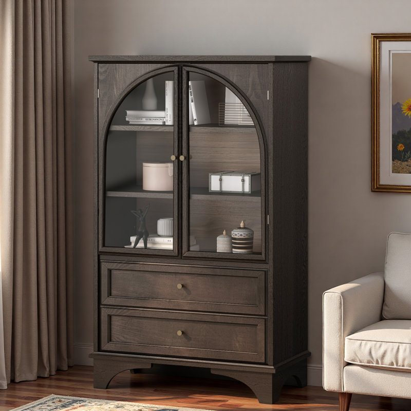 Armoire de rangement vitrée avec 2 tiroirs et tablettes réglables, Brun
