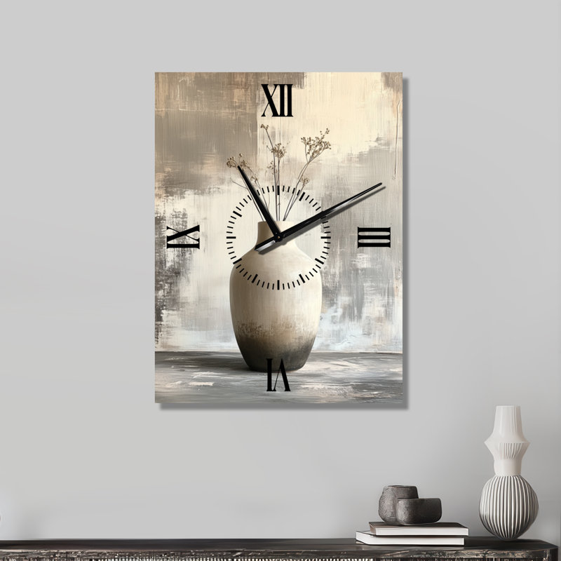 Vase en céramique moderne, forme I - Horloge murale Japandi, imprimée sur métal, H 32 po x l 24 po - Rectangle