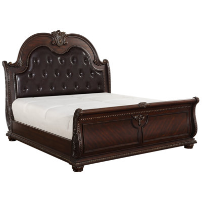 Lit Queen de luxe, fini cerisier foncé, tête de lit capitonnée à boutons dorés, mobilier de chambre traditionnel rembourré, 1 pièce