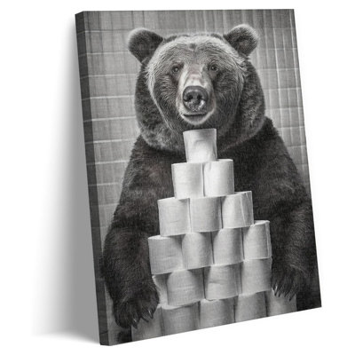 Drôle d'ours mural noir et blanc, art mural, peinture, ours, papier de toilette, impression sur toile, humour moderne, affiches, impressions pour salle de bain