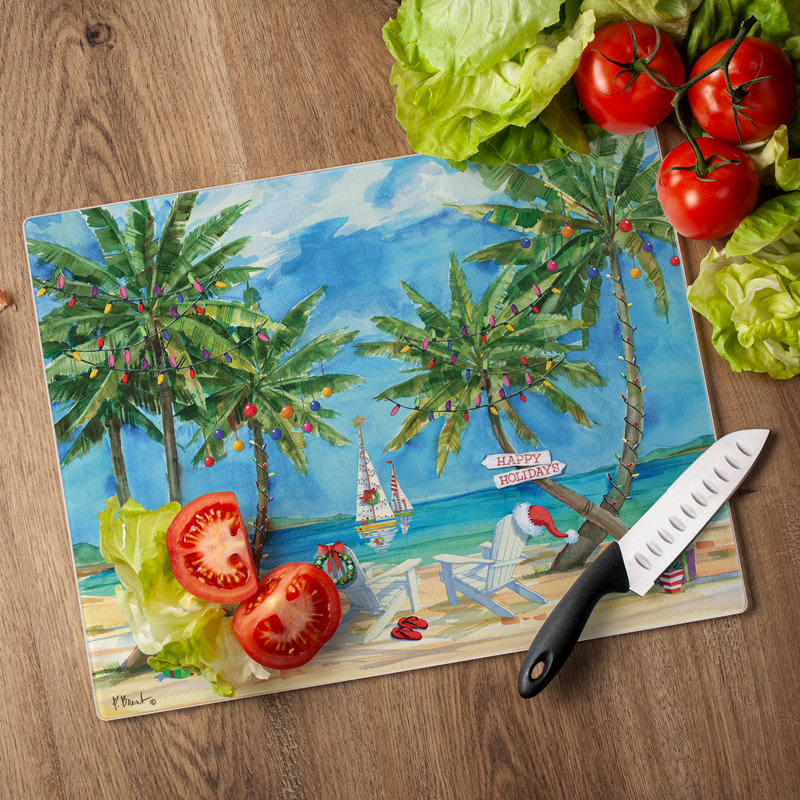 Holiday Palms Rectangular Tempered Glass Cutting Board