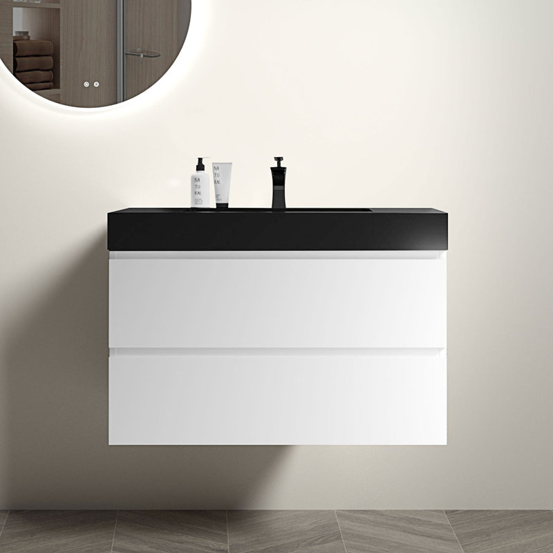 Meuble-lavabo avec lavabo, grand meuble-lavabo avec rangement, meuble-lavabo mural flottant, Blanc/Noir