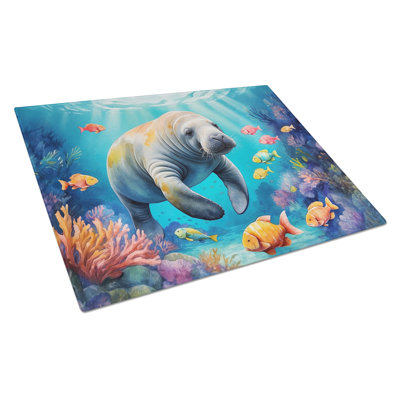 Summer Manatee Glass Cutting Board