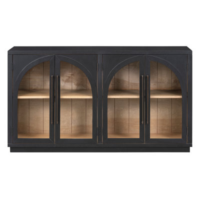 Large Retro 4-Door Sideboard Buffet with Glass Doors & Arched Design, Black Finish