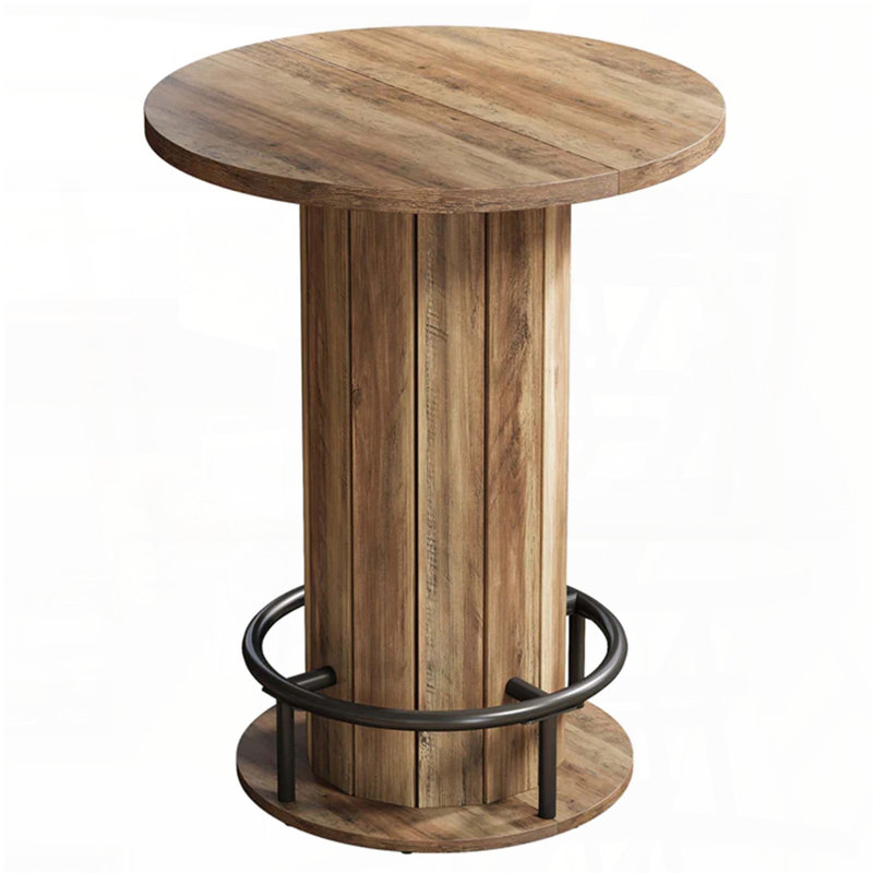 Round Farmhouse Bar Table with Fence-Style Wooden Base and Metal Footrest