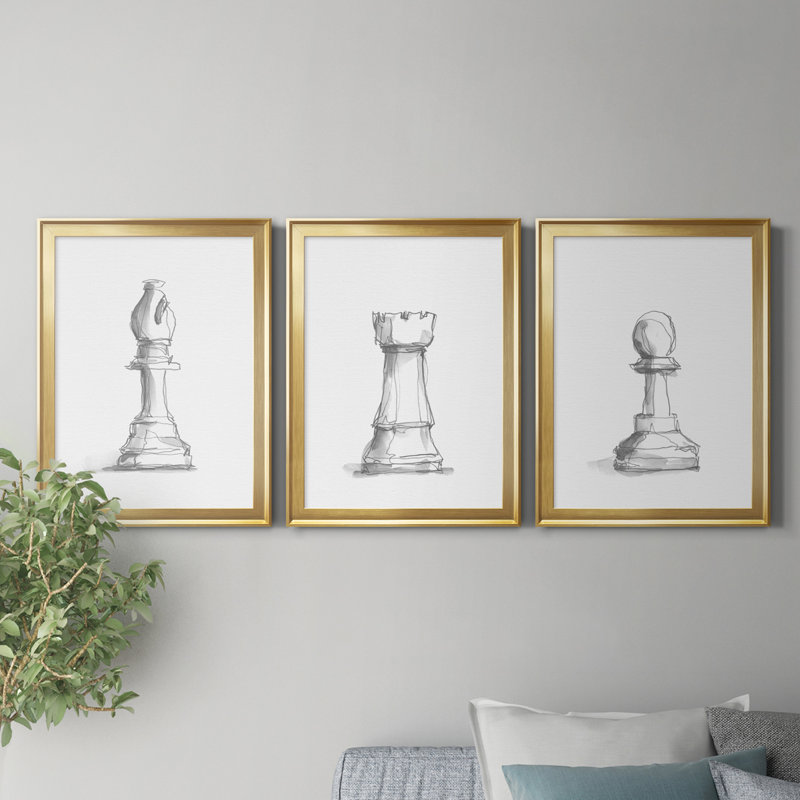 Chess Room Study IV, reproduction encadrée de qualité supérieure - prête à être accrochée, H 24,5 po x l 55,5 po x P 1 po, Or