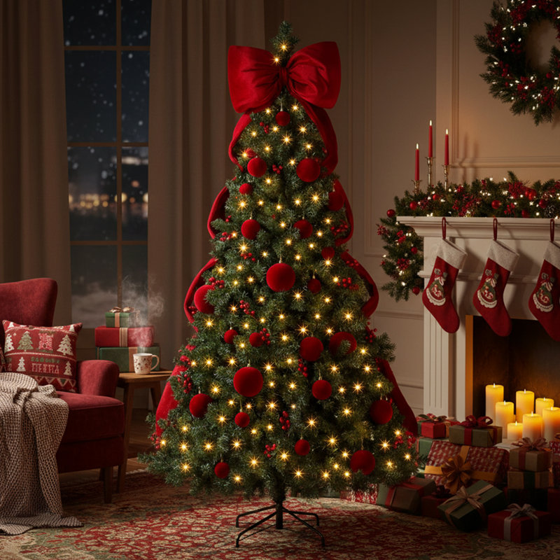 Arbre de Noël artificiel éclairé 7,5 pi avec ornements de nœuds géants et de boules rouges