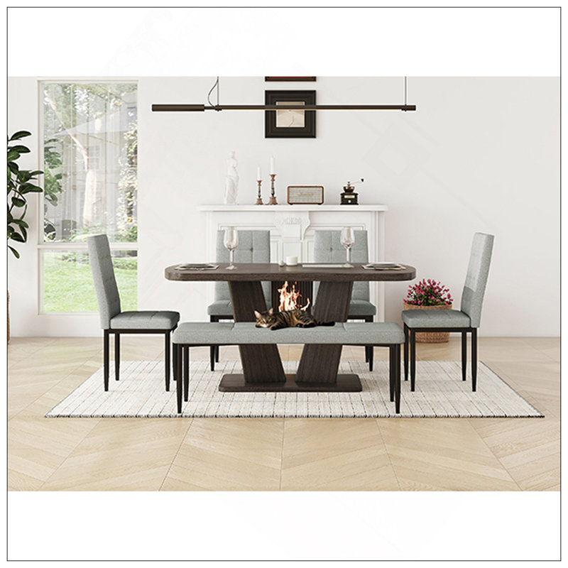 Ensemble de table de salle à manger 6 pièces pour 6 personnes, table en faux marbre avec pieds en forme de V et 4 chaises et banc rembourrés, ensemble de salle à manger moderne pour la cuisine, la salle à manger