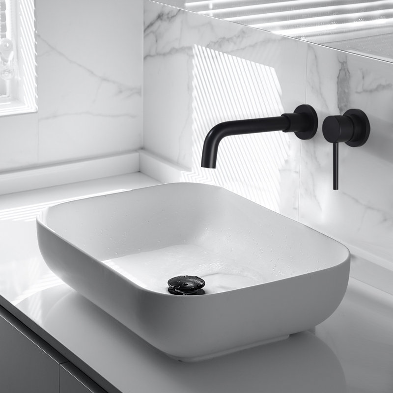 Wall Mounted Single Handle Bathroom Vessel Sink Faucet With Pop-up Drain, Matte Black