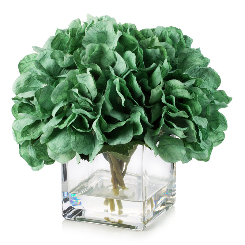 Faux Silk Hydrangea Arrangement in Vase, Green