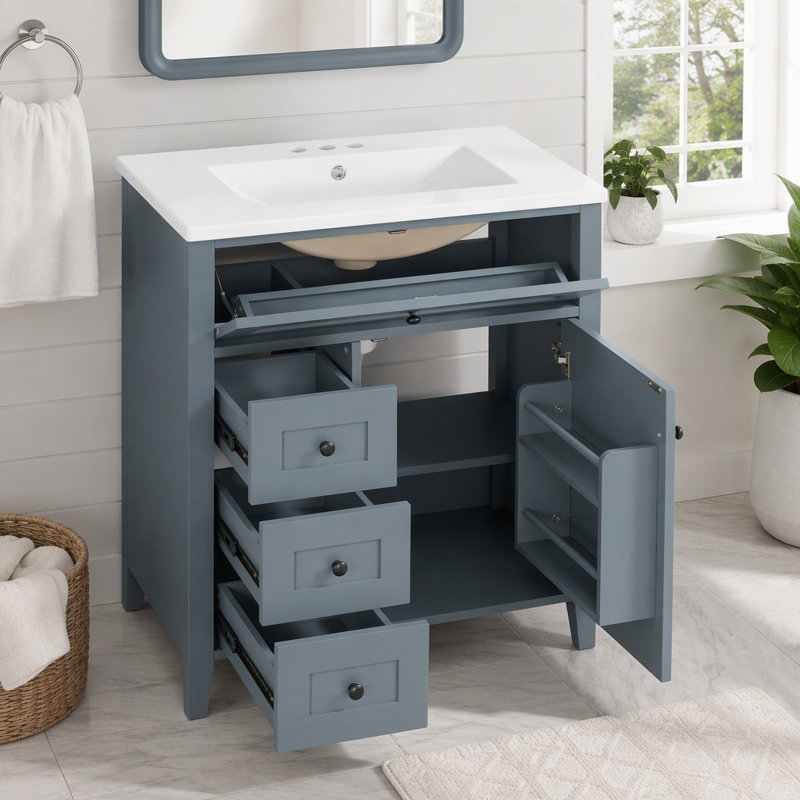 Meuble-lavabo de 30 po avec lavabo et grand rangement, Bleu-gris, porte de droite, 30