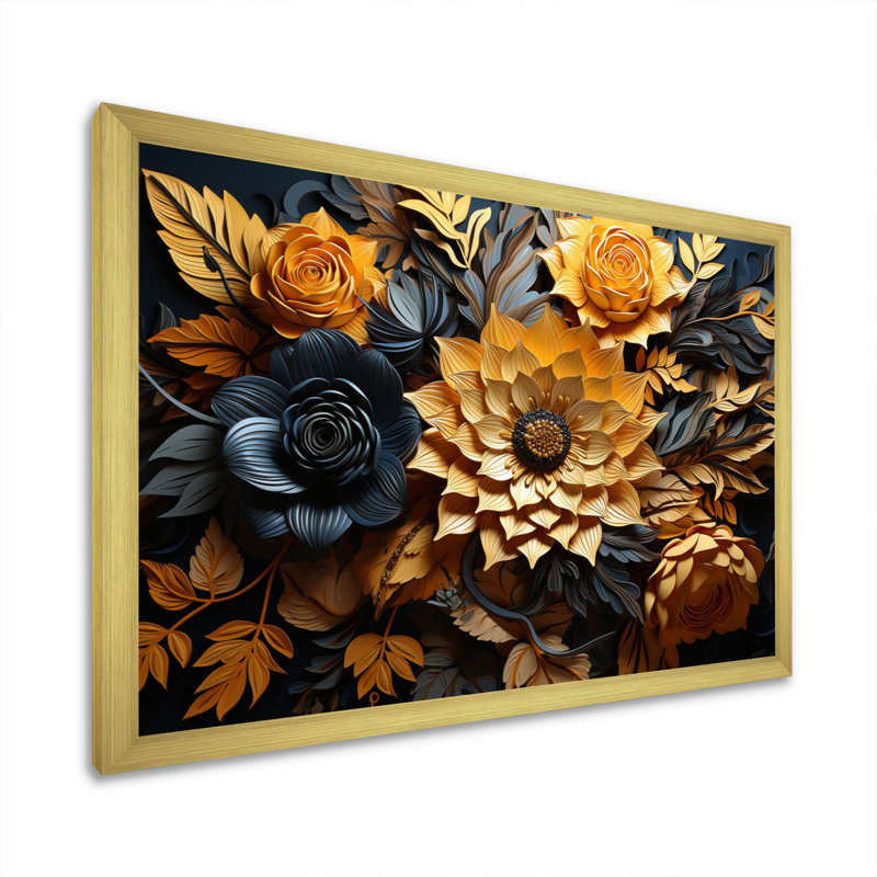 Fleur jaune contrastant beauté - impression, Cadre doré simple, H 34 po x l 44 po x P 1,5 po