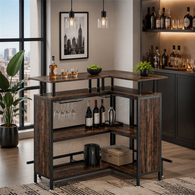 L-Shaped Bar Table with Glasses Holders & Shelves
