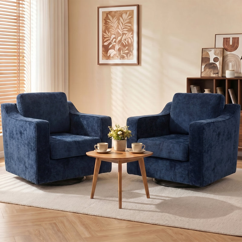 32.7" Wide Upholstered Swivel Accent Armchair With Sloped Arms, Navy