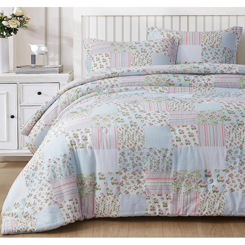 Floral Printed Patchwork Lightweight Washed Cotton Comforter Set, King Comforter  + 2 King Shams