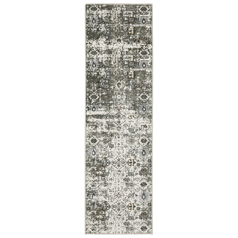 Tapis oriental en polyester tissé à la machine en gris, Tapis de couloir 2 pi 3 po x 7 pi 6 po