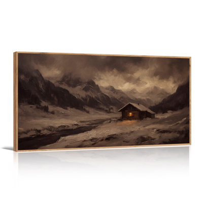 Art mural sur toile, "Snowy Mountain Cabin" avec fenêtre éclairée