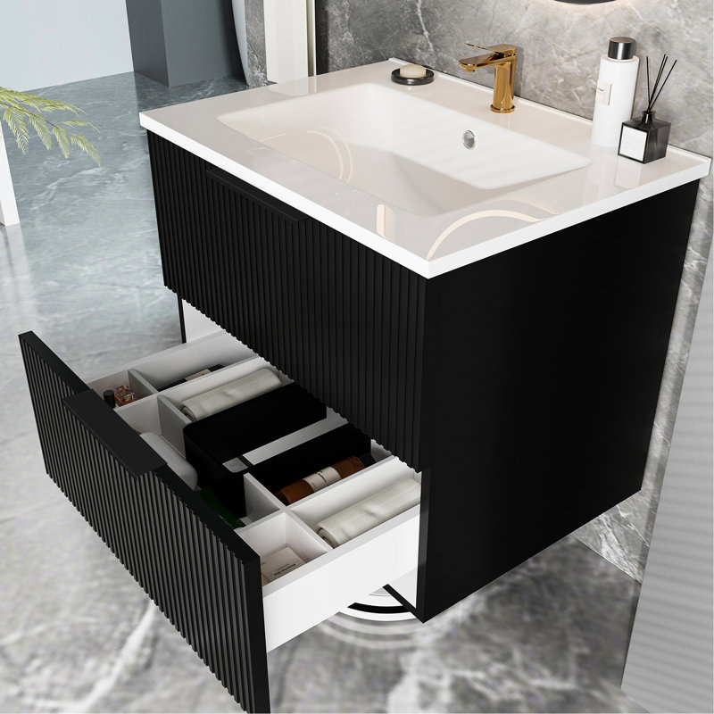 Meuble-lavabo suspendu noir de 61 cm (24 pouces) avec lavabo en céramique et premier tiroir en forme de U, protège des intrusions, fond et surface lisses.