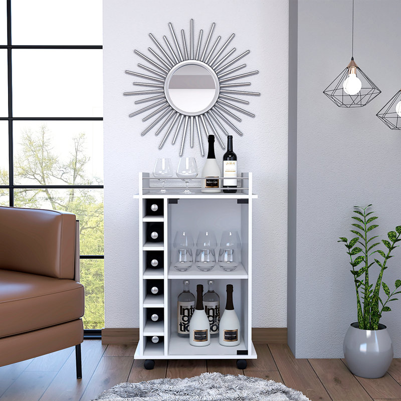 Chariot-bar, armoire à deux niveaux avec porte en verre, six casiers pour boissons alcoolisées, Blanc