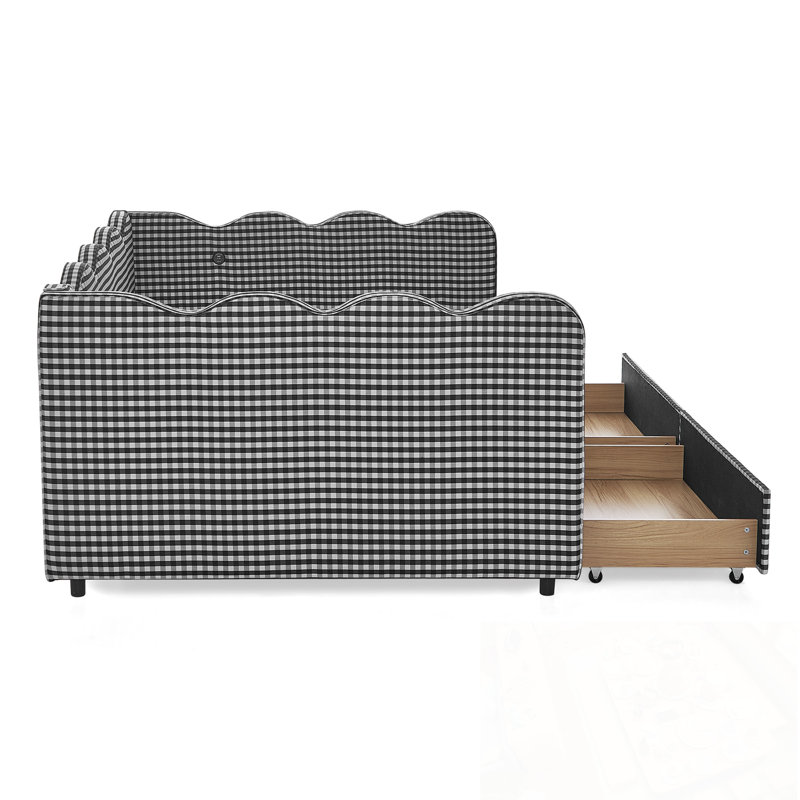 Lit de jour double avec deux tiroirs de rangement et port USB, Noir