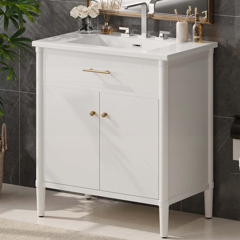 Meuble-lavabo à profil incurvé de 31 po avec lavabo, portes à fermeture douce, tablette réglable, Blanc
