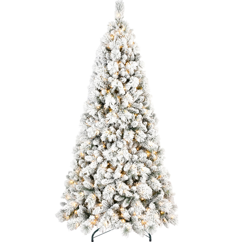 Arbre de Noël enneigé 7,5 pi avec 500 lumières blanches chaudes, 1252 pointes d'aspect naturel corsé, branches enneigées et dures, installation à charnières facile, support en métal pour éclairage saisonnier et structure simple,