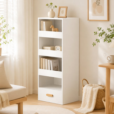 4-Tier Freestanding Bookshelf With 3 Sliding Drawers And 1 Bottom Drawer