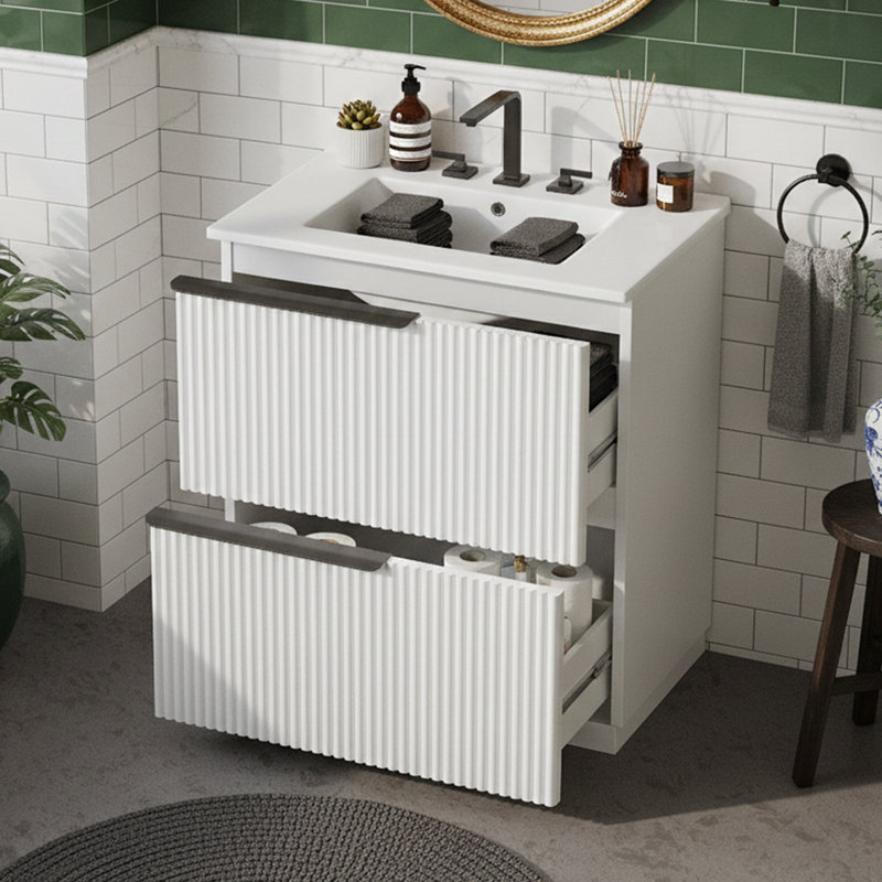  Meuble-lavabo simple cannelé 30 po avec lavabo en céramique 30 po - Armoire de rangement 2 tiroirs 8 po - Blanc, Blanc