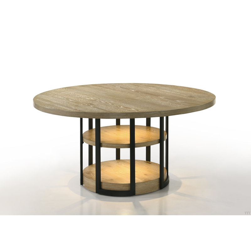 Table de salle à manger ronde en chêne rustique avec lumière DEL, cadre en métal noir et tablettes Eden