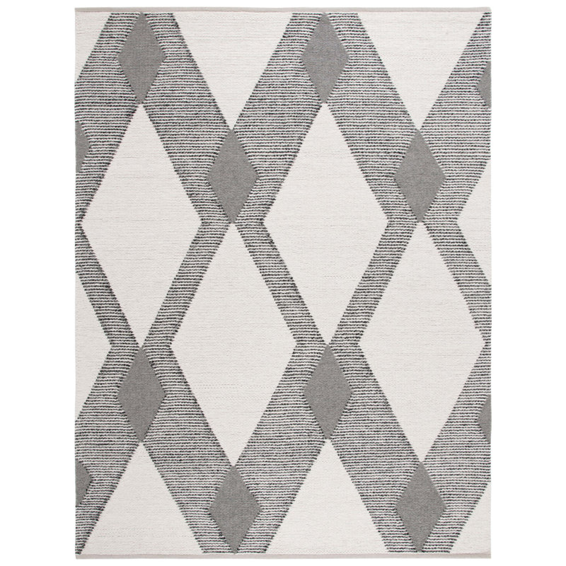 Tapis géométrique fait à la main Charvik en ivoire / gris / blanc, Rectangle 8 pi x 10 pi