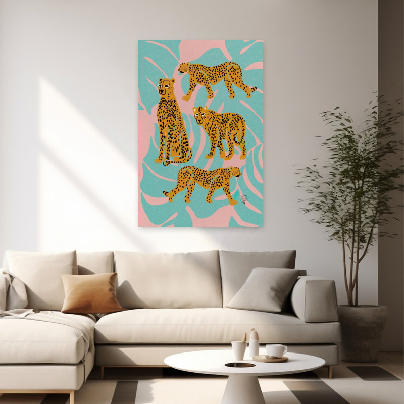 Tropical Cheetah Parade Colorful Playful Contemporary Cat Lion Tiger Nature Tropical Wall Art Print 1 Piece Wrapped Canvas Wall Art