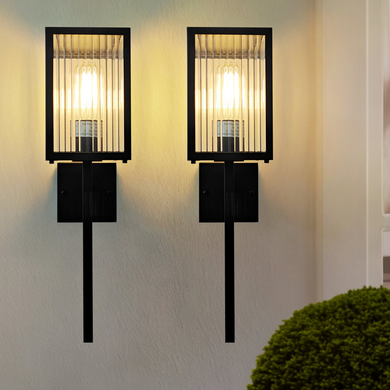 2-pack Matte Black Modern Outdoor Wall Light - Ul-listed Waterproof Outdoor Sconce With E26 Base & Glass Shade