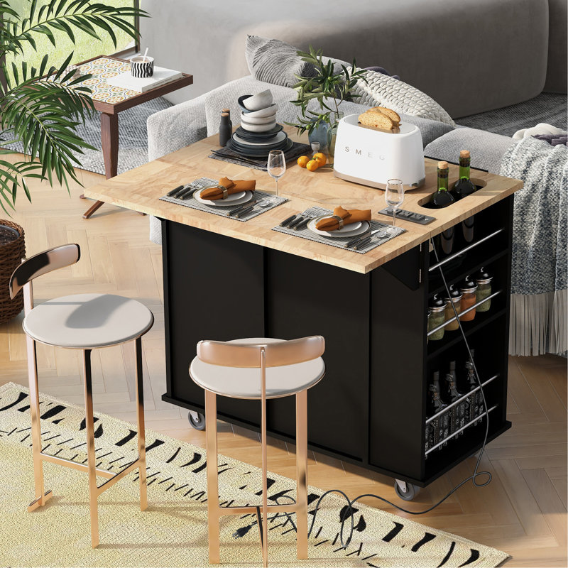 Kitchen Island With Power Outlet, Kitchen Storage Island With Drop Leaf And Rubber Wood, Open Storage And Wine Rack, 5 Wheels, With Adjustable Storage For Home, Kitchen, And Dining Room