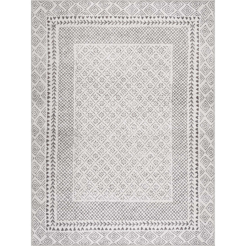 Marvina Machine Washable Moroccan Black and White Area Rug, Rectangle 7'10" x 10'3"