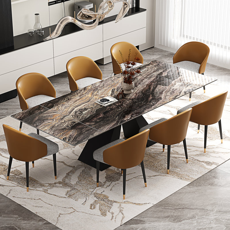 Ensemble de salle à manger 9 pièces avec plateau de table en pierre frittée extensible de 110,24 po, 8 chaises de salle à manger rembourrées en similicuir et base en métal