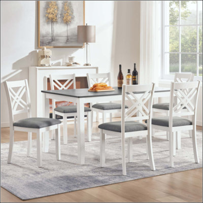 Modern 7-Piece Solid Wood Dining Set with 6 Upholstered Chairs – Rectangular Table for 6, Space-Saving Kitchen & Dining Room Set, Easy Assembly