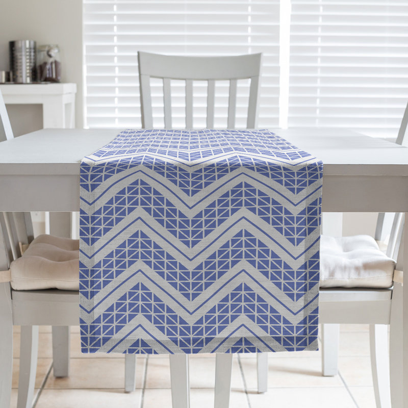 Stephenie Classic Hand Drawn Chevron Table Runner, 16" x 90", Blue/Off White