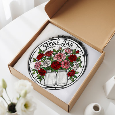 7.8"H Rose Jar Stained Glass Window Panel