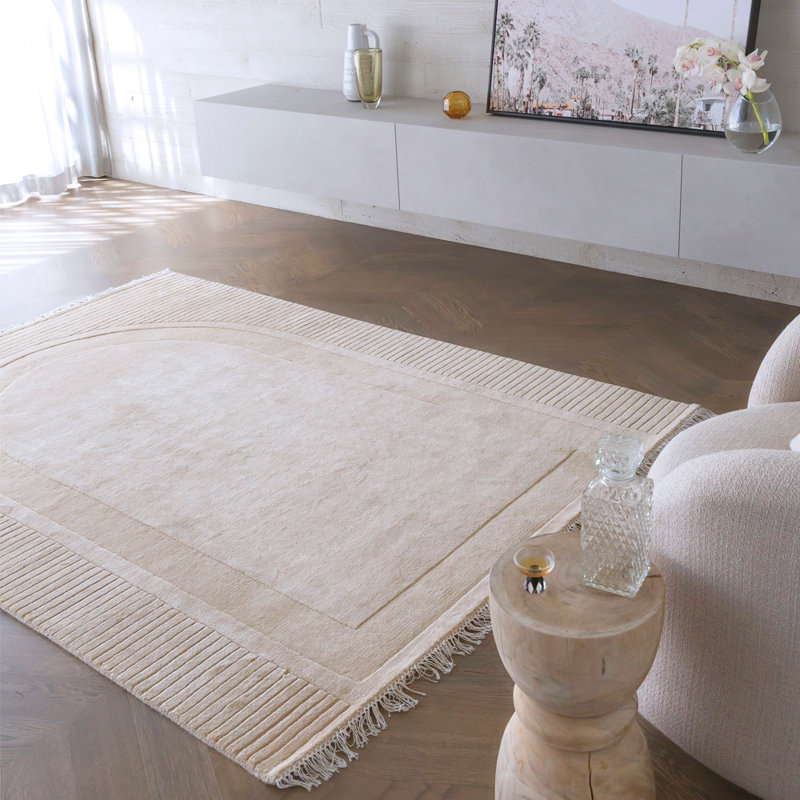 Athena Solid Color Hand-Loomed 5'7" x 7'6" Wool/Cotton Area Rug in Biscuit