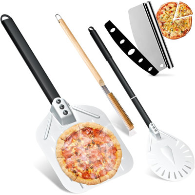 Ensemble de 4 accessoires pour four à pizza, pelle à pizza perforée de 12 po et pelage tournant rond de 9 po avec brosse de four, grattoir et coupe-bascule, ensemble complet de spatules à pizza pour la cuisson de pizzas maison