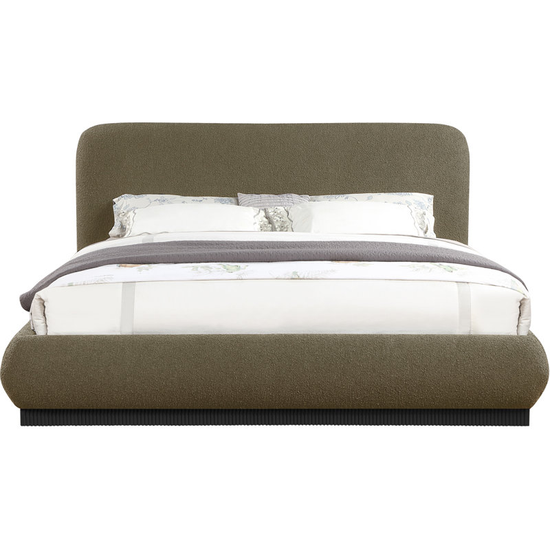 Lit plateforme tapissier Rigby, Tissu bouclé olive, Très grand