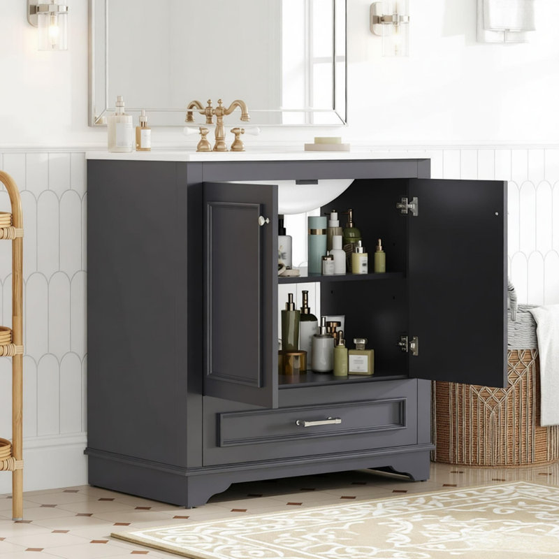 Meuble-lavabo de luxe 30 po avec lavabo en céramique, meuble-lavabo avec 2 grandes portes à fermeture douce, armoire de rangement en bois massif