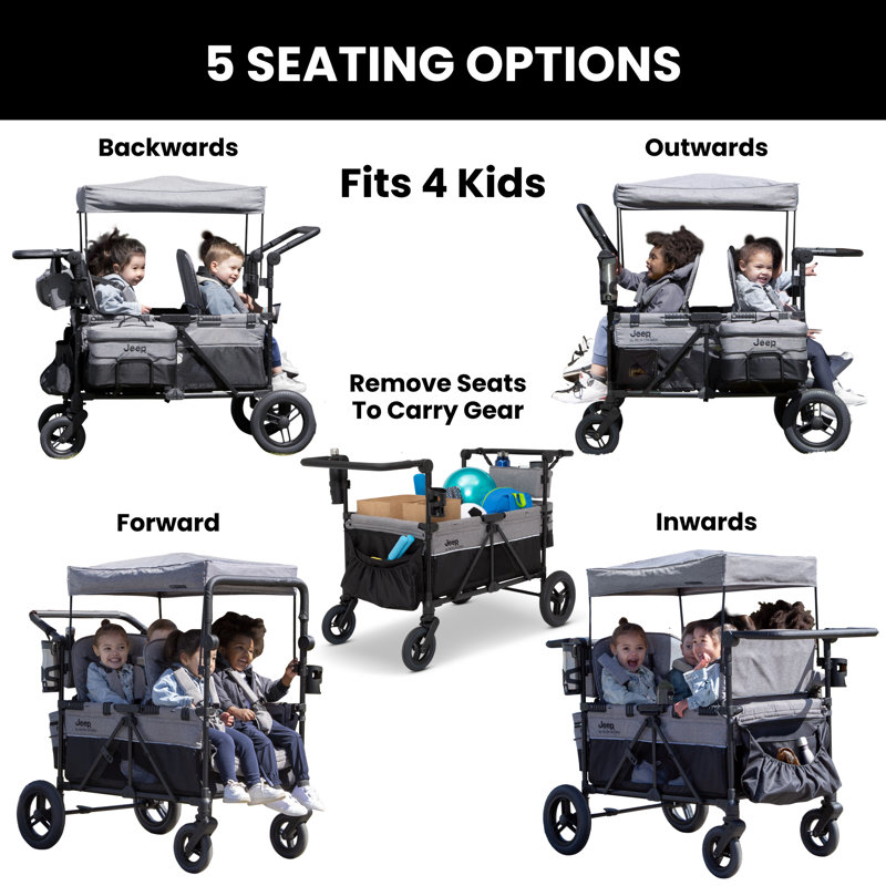 Jeep Wrangler Deluxe 4 Seater Stroller Wagon by Delta Children - Premium Stroller Wagon for 4 Kids with Convertible Seats, Adjustable Push/Pull Handles, Removable Canopy & Flat Fold